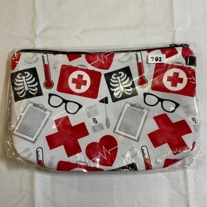 The Pouch Cosmetic Bag Red White NWT Medical Nursing Print Zipper Pouch
